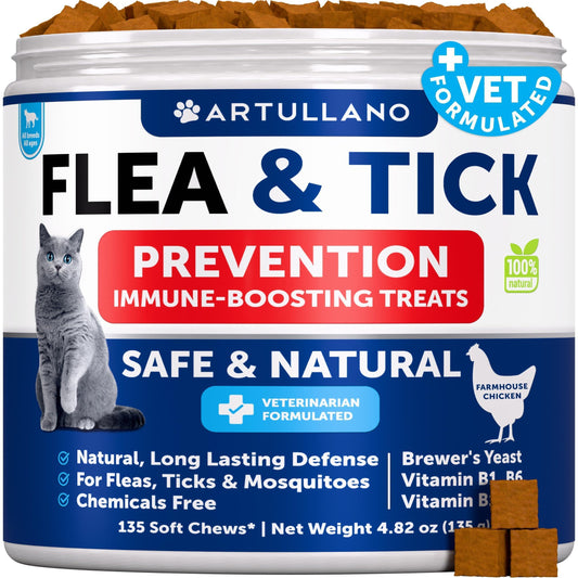Сat Flea Treatment Natural Flea and Tick Prevention Supplement for Cats Chewable Daily Oral Pills with Vitamins Dental Treats Digestive Health Immune Support Farmhouse Chicken 135 Soft Chews