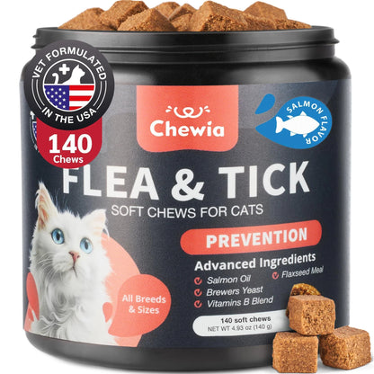 Flea Support Chews for Cats Salmon Flavor Flea and Tick Supplement for Cats Daily Oral Cat Flea and Tick Treatment Chews Soft Treats for All Breeds & Ages